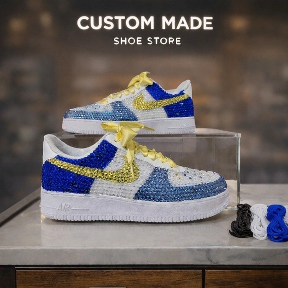 Nike Shoes - Custom Nike Air Force 1 Low Rhinestone Crystal Blue Yellow White Sneakers Womens